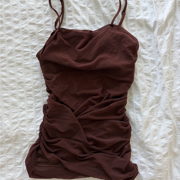 Brown Ruched Mesh Tank Top - Picture 2 of 4